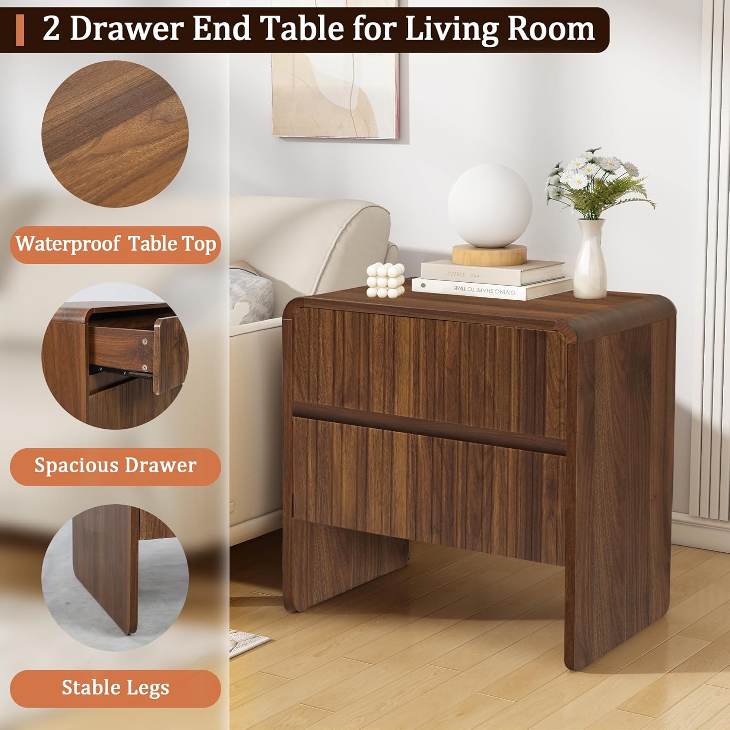 Giratree Mid Century Modern 2-Drawer Dresser, Small Nightstand, Curved Wood Side Table, Bedroom, Living Room, Hallway, Entryway