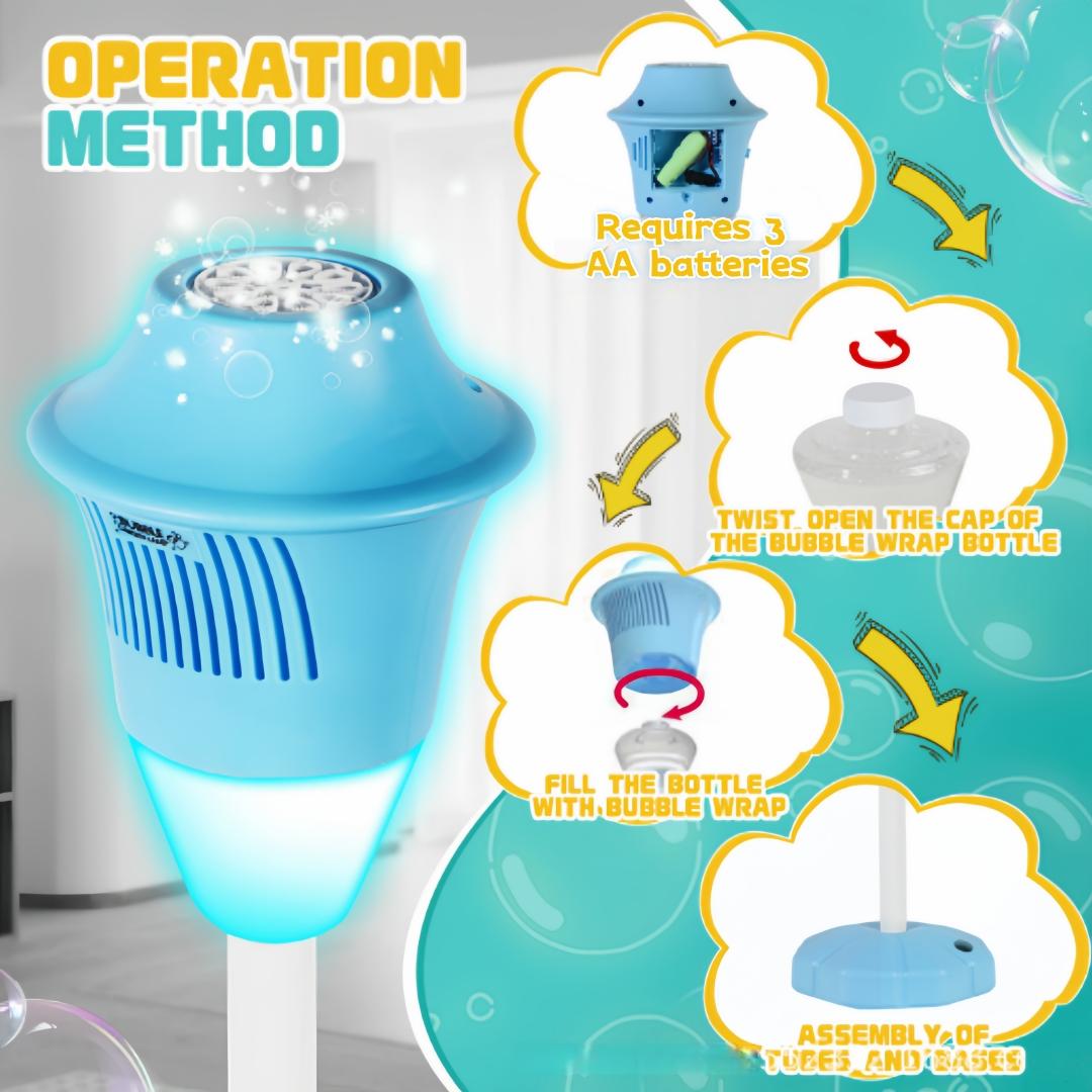 Streetlight Bubble Machine, “Torch” Bubble Machine with Music and Lights—an outdoor children's toy perfect for weddings and parties. Suitable for various occasions. Requires 3 AA batteries (not included). Recommended for ages 3 and up. Comes in a box.