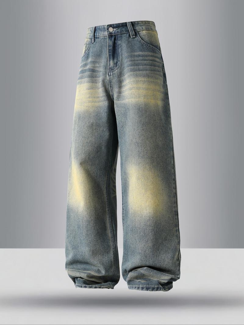 Men's vintage washed loose straight-leg jeans, casual four-season street style, zipper fly, solid color pattern, daily wear denim pants. If you prefer a looser fit, order one size larger.