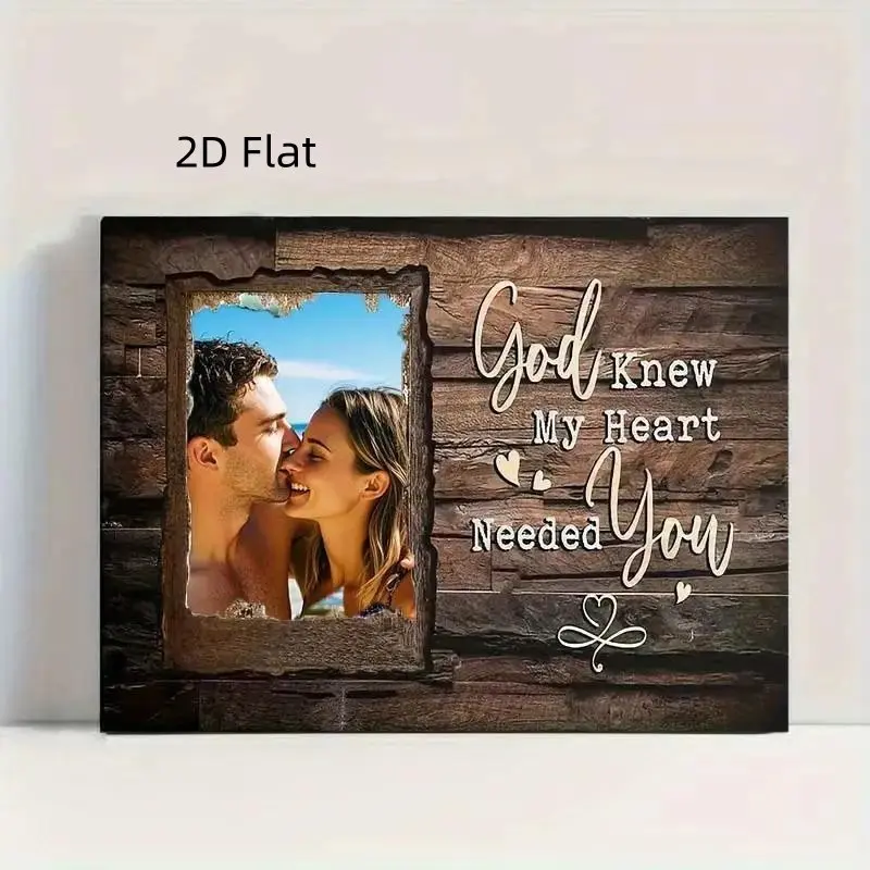 2D Flat Personalized Photo & Text Picture - Custom Canvas Painting with Rustic Wood Frame, Elegant Script Wall Art for Wedding, Anniversary, Valentine's Gift, Modern Home Decor - Wrap-Around Canvas Frame