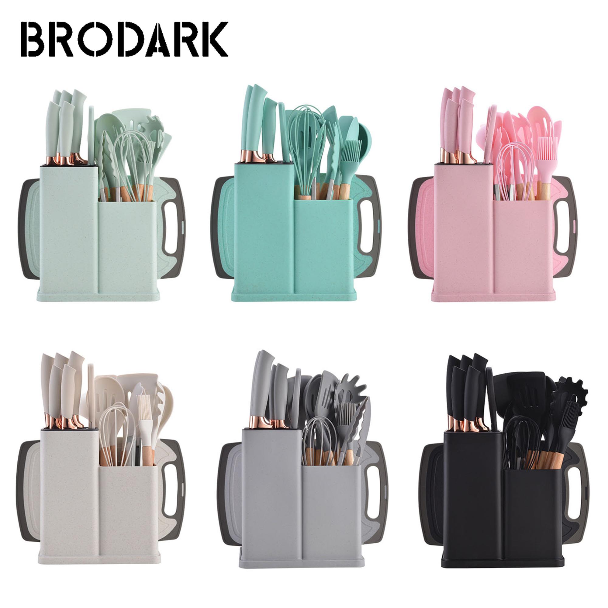 BRODARK 19pcs Silicone Kitchenware Set, Food Grade Silicone Cooking Spoon, Shovel, Cutting Board, EggBeaters, Fruit Knife, Chef Knife, Combination Set, Heat Resistant Kitchen Supplies,Utensils,Storage,Modern,Portable,pots pans set Pink Cookware