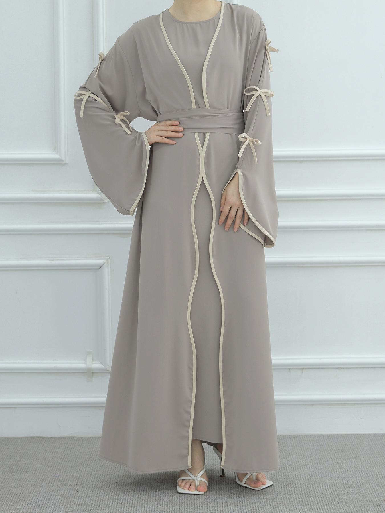 Women's Islamic Clothing Plus Size Dresses, muslims open abayas  Elegant Bow Design Bow Accent Long Dress, Soft Comfortable Casual Outerwear with Waist Belt Included, Spring & Fall Fashion