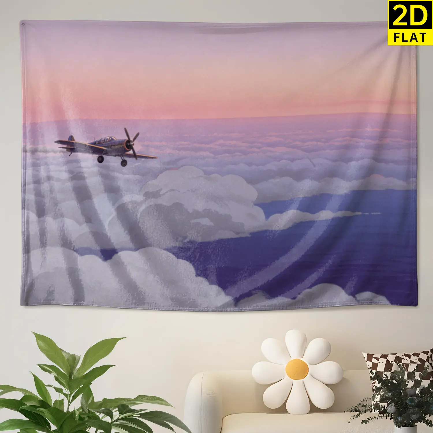 Vintage Airplane Flying Above Clouds Sunset Wall tapestry,Large size Printed Horizontal Tapestry blanket,Polyester Fabric Wall Hanging for livingroom,bedroom,No Installation Required,Indoor,Outdoor,Gift for Family and Friends