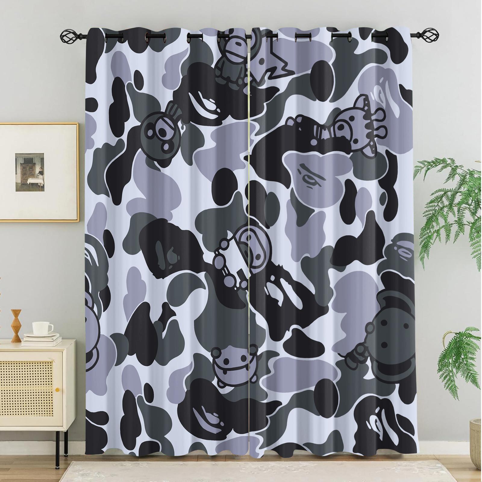 2-Pack Camouflage Print Blinds, Bape'S Iconic Ape Head Pattern Blackout Blinds, Grommet Blackout Curtains, Trendy Street-Style Children'S And Teenagers' Bedroom Blinds, Machine Washable, 2-Pack.