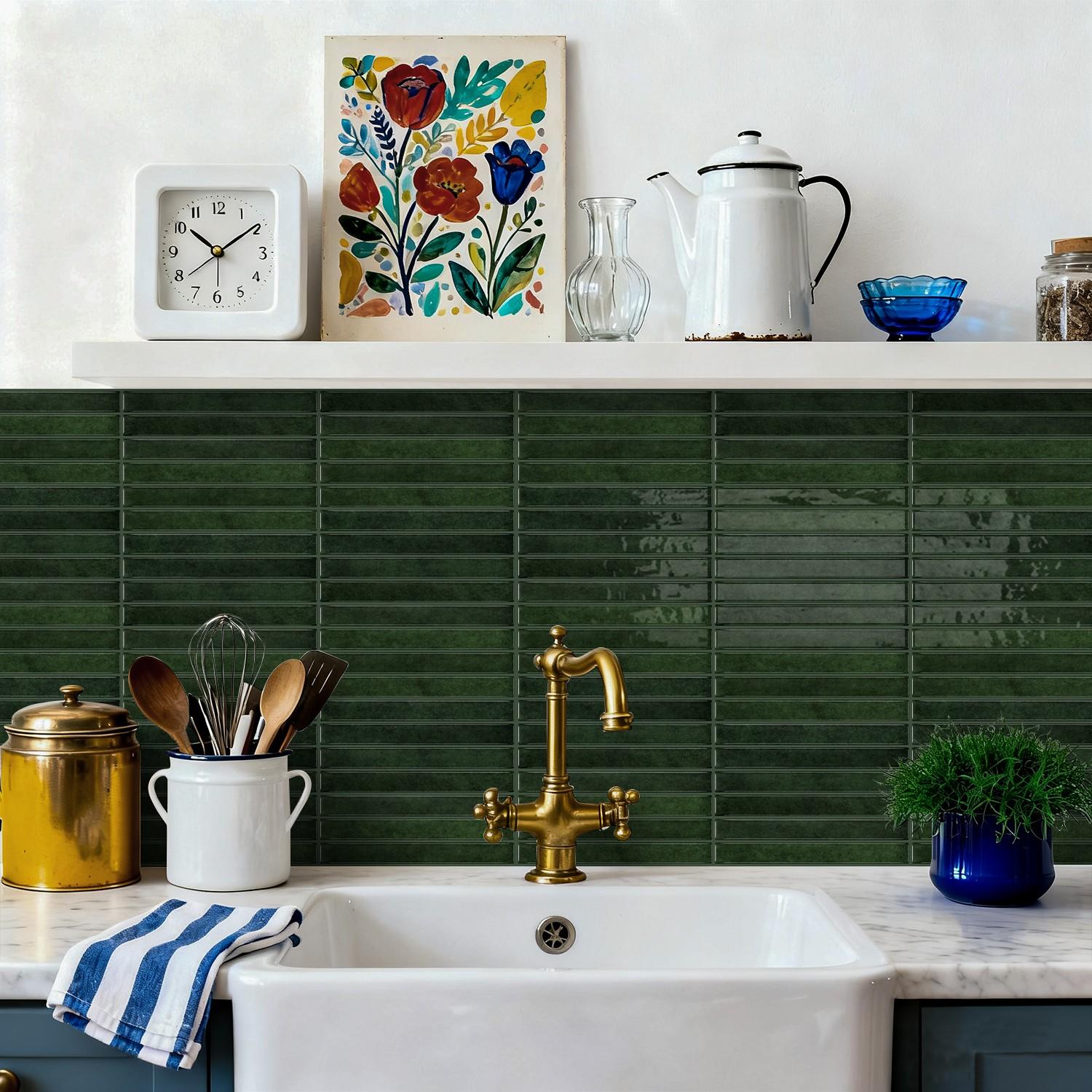 3D Emerald Vertical Stripe Self-Adhesive Wall Sticker, Waterproof Impact-Resistant Soundproof, Kitchen Backsplash Renovation, French Vintage DIY Decor