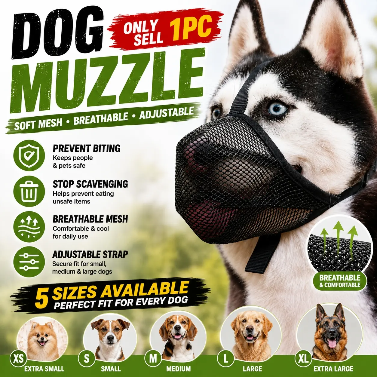 1pc dog muzzle, suitable for small, medium, and large dogs. Soft mesh muzzle, prevents biting and scavenging, with adjustable breathable guard, suitable for German Shepherds, Labradors, and Golden Retrievers.