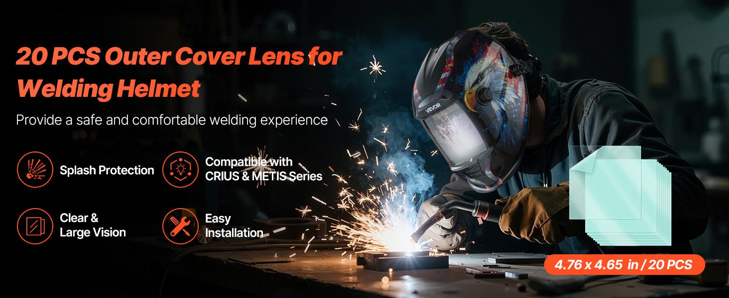 VEVOR Heat Resistant Arc Welding Helmet Outer Cover Lens, 20PCS 4.76in x 4.65in Quick Installation Outside Replacement Covers for VEVOR CRIUS/METIS Series Auto Darkening Helmets