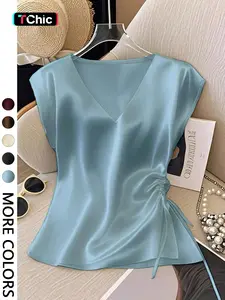 Women's Elegant Elegant Simple Solid Color V-Neck Batwing Sleeve Drawstring Ruched Satin Blouse, Summer