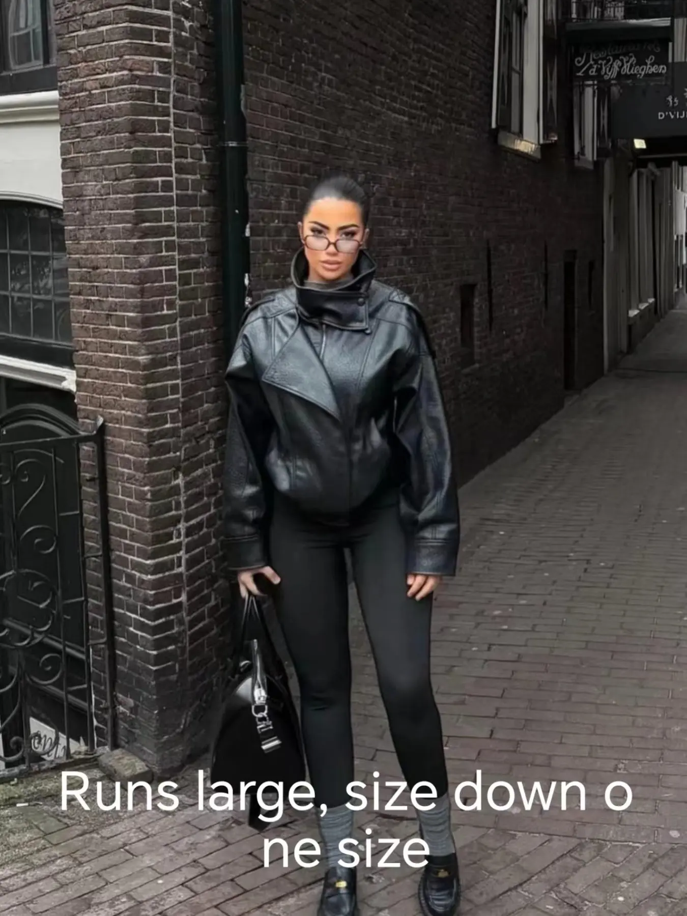 Women's Black Long Sleeve Litchi Grain PU Leather Jacket, Fashionable Fall Outerwear