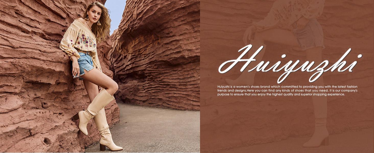 Coutgo Womens Pointed Toe Mid Chunky Heel Side Zipper Knee High Boots Tall Booties