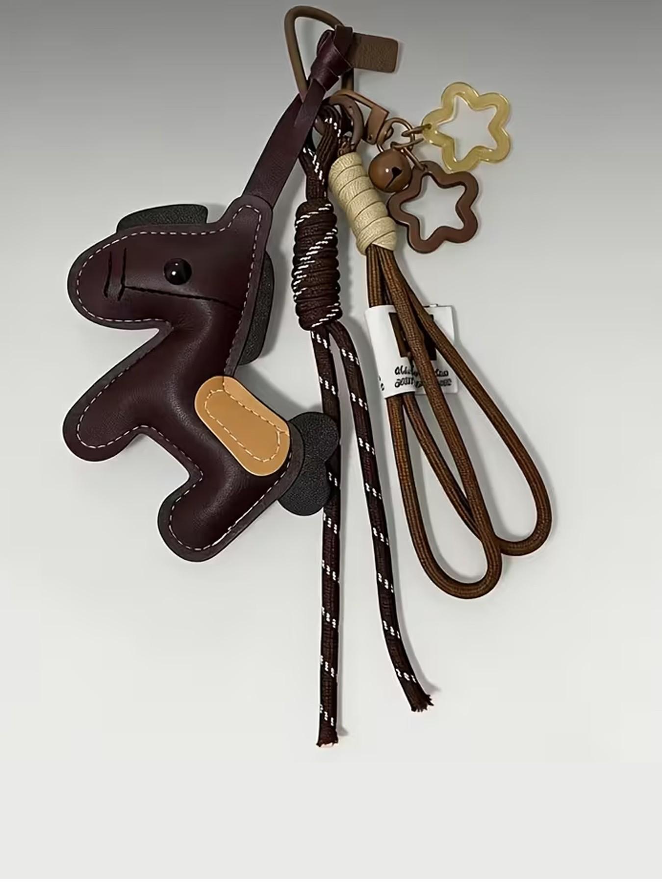 Retro Brown PU Pony Keychain. Ins-Style Color-Block Stitching, Star Bell Charm, Lanyard Design | Key/Bag Accessory, A Cute Niche Accessory Suitable For Commuting/Daily Outfits