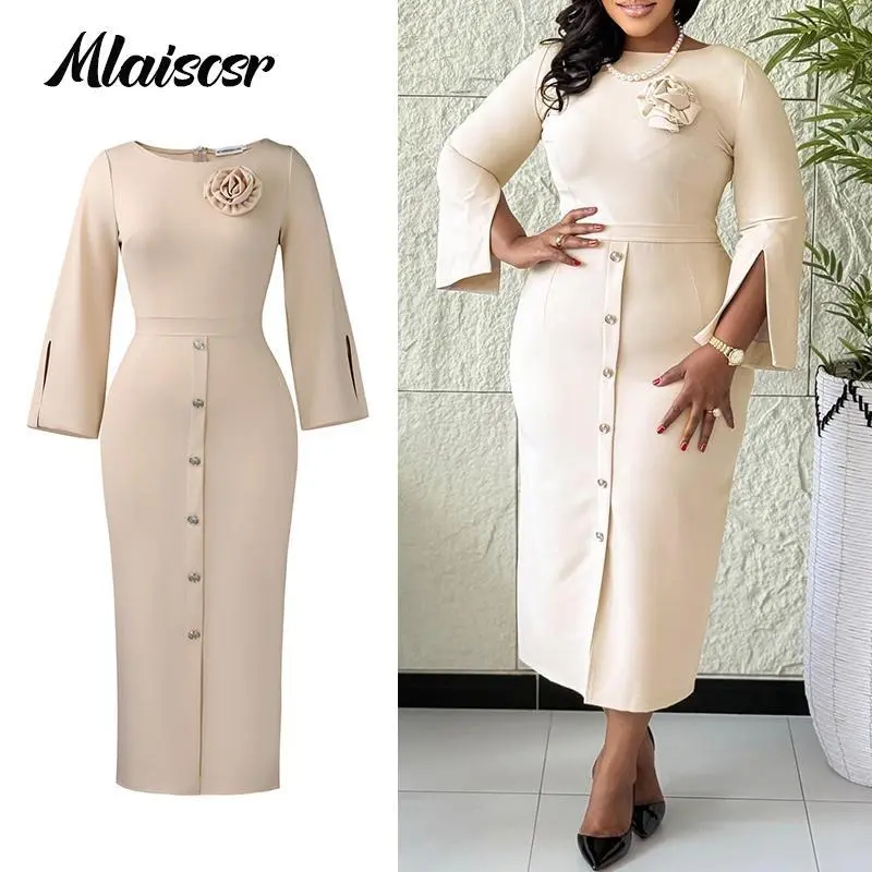 Mlaiscsr Fshion Solid Color Button 3D Flower Classic Round Neck 3/4 Split Sleeve Mid-Length Dress Women African Evening Vestidos
