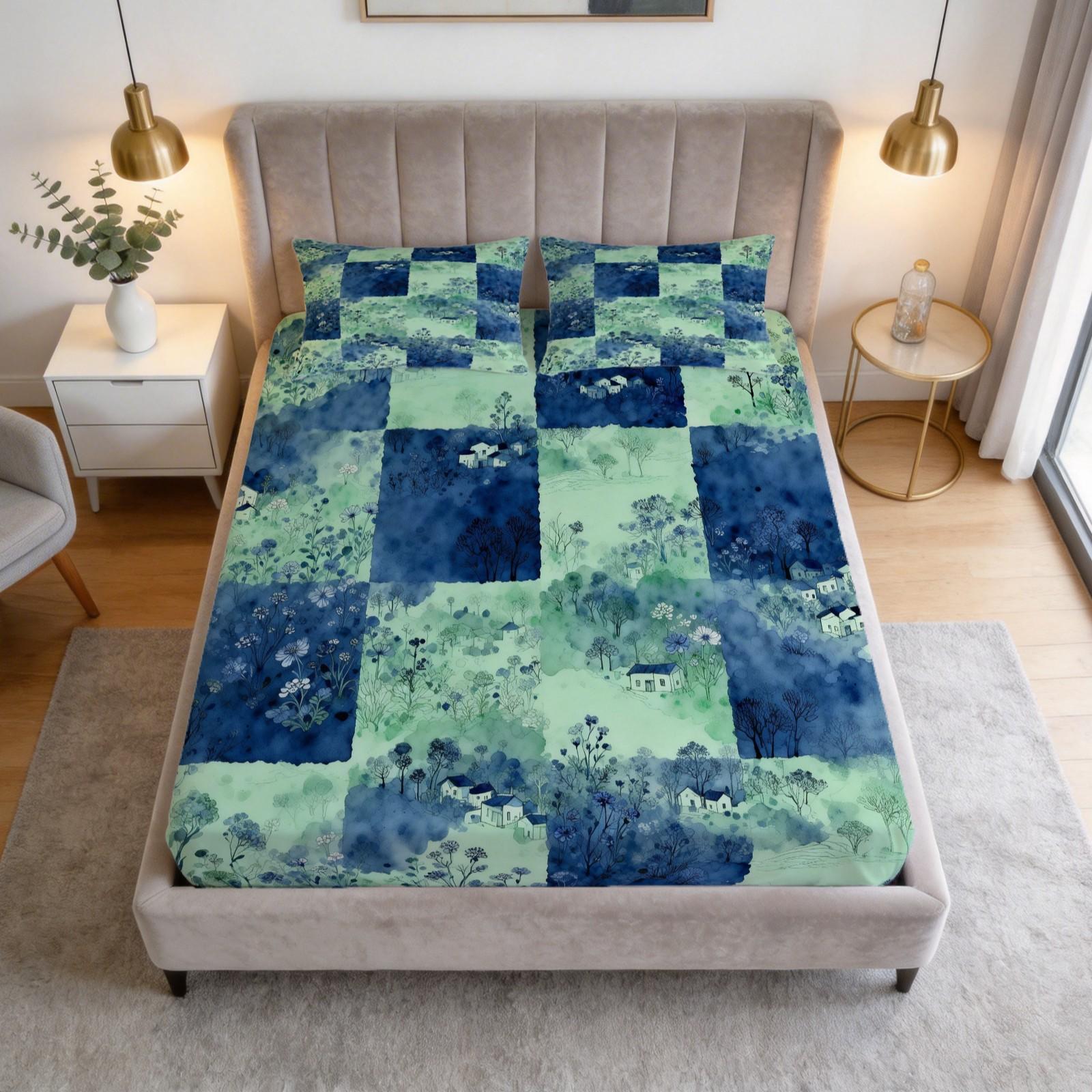 3 Pcs Watercolor Landscape Checkered Fitted Sheet Set, HD Digital Printed Fitted Sheet (No Insert), Soft Breathable Deep Pocket Mattress Cover, Aesthetic Bedroom Decor Bedding Set