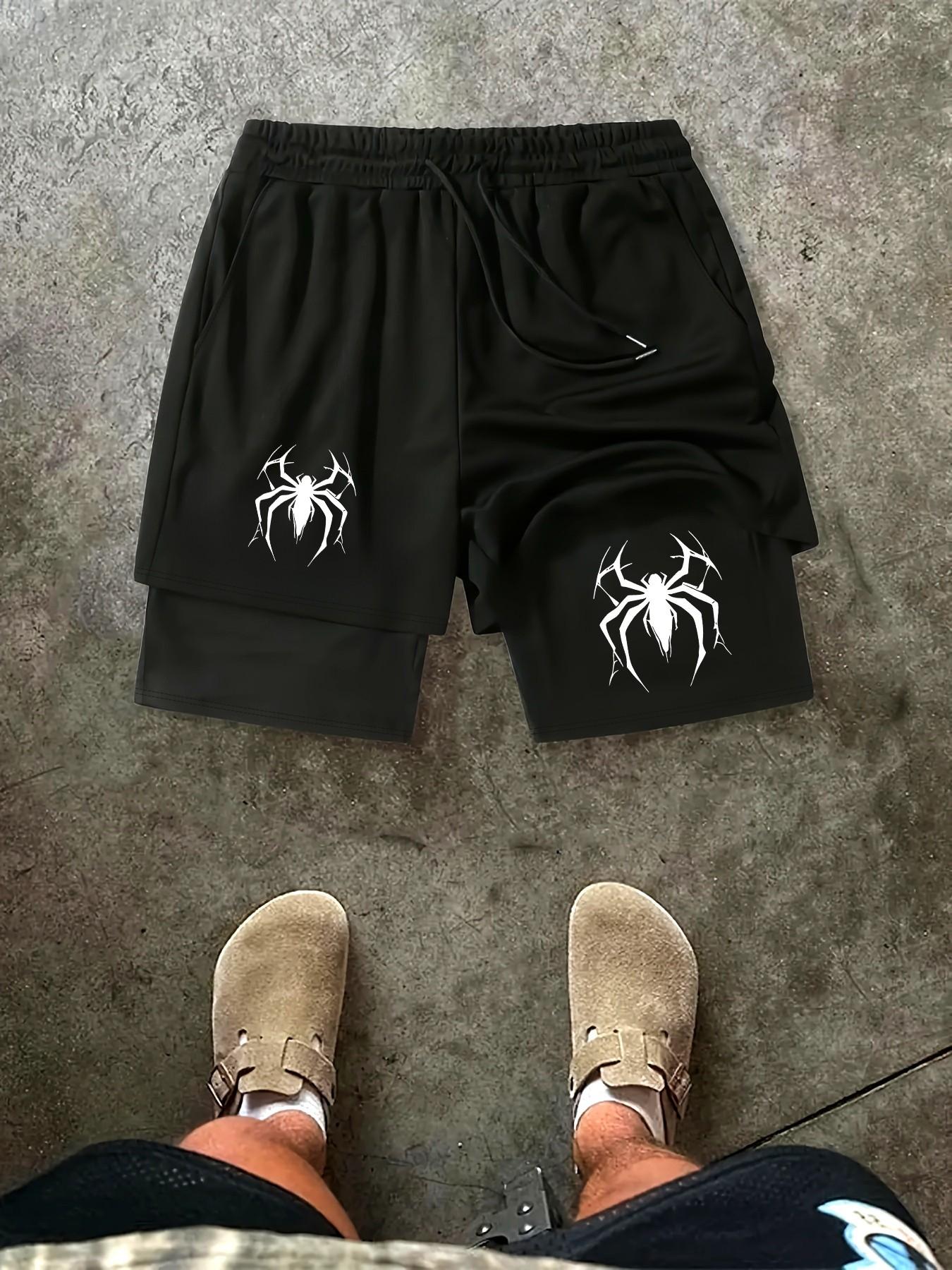 Men's Spider 2-in-1 Shorts - Sharp Spider Print Black Layered Mesh Shorts, Drawstring Waist Loose Fit, Breathable Summer Sportswear for Gym