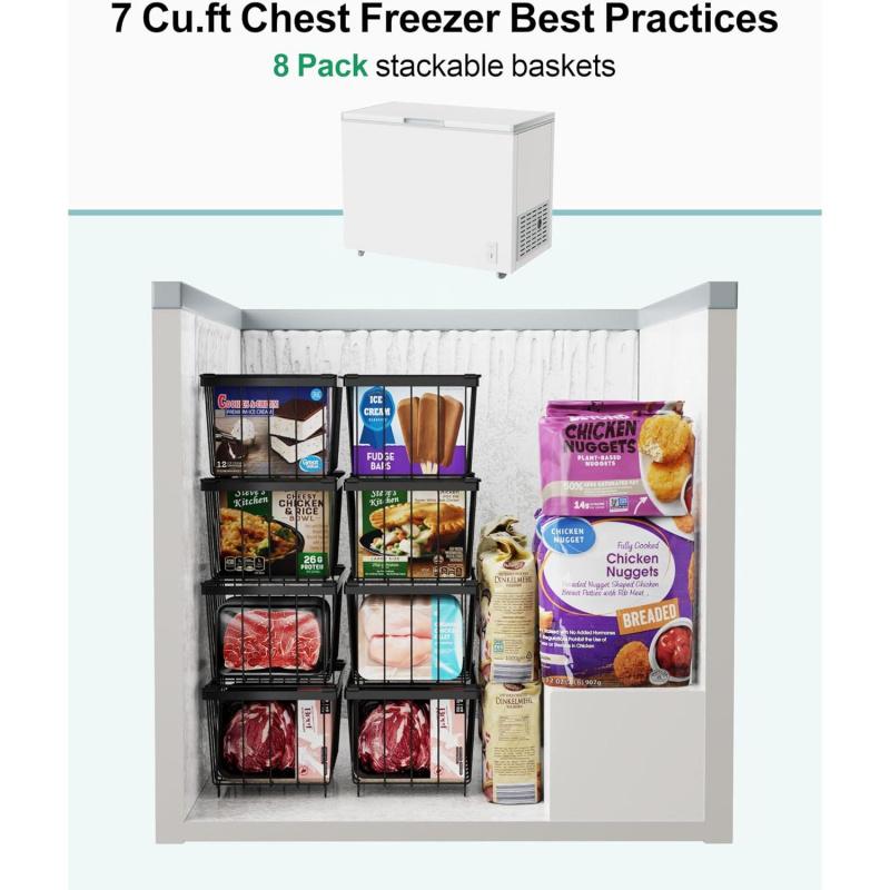 Chest Freezer Basket - 8 Pack Small Stackable Freezer Bins for Most 7 Cu.FT Deep Freezer Sort Frozen Food, Deep Freezer Organizer Bins with Handles Easy to Get Food from Bottom, Black