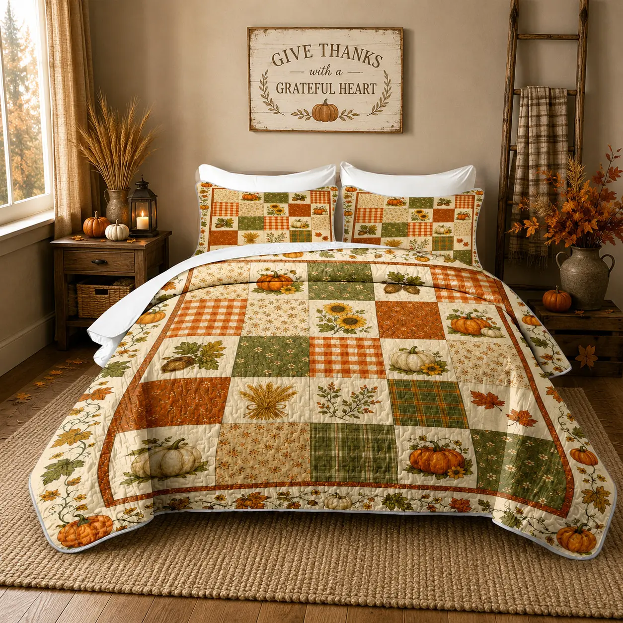 [Back to School] 3-Piece Autumn Pumpkin & Sunflower Quilt Set, Farmhouse Patchwork Bedspread with 2 Pillow Shams, Soft Lightweight Wrinkle-Resistant Breathable Fade-Resistant All-Season Bedding for Queen/King Beds, Thanksgiving Bedroom Decor