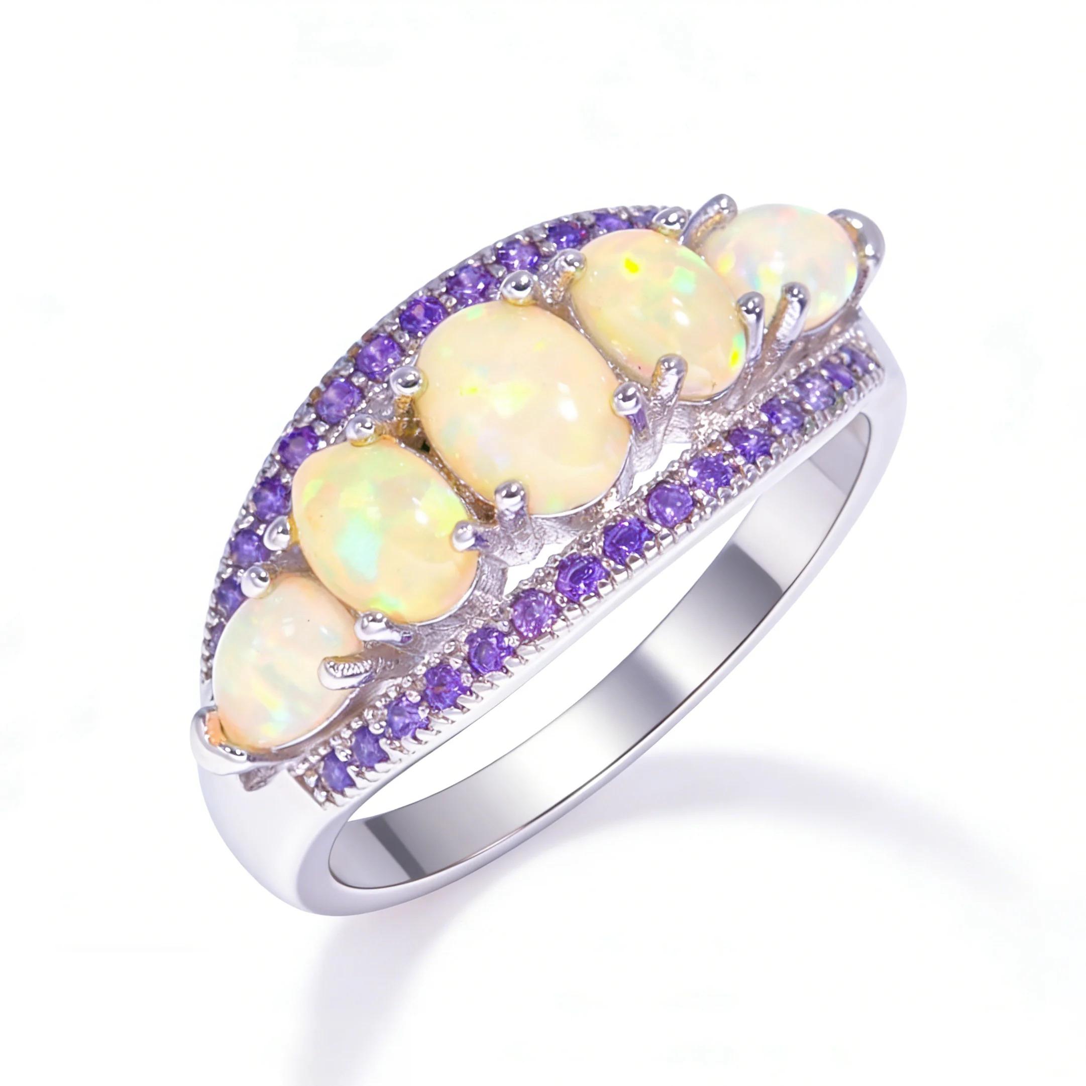Fashion Platinum Plated Colorful Opal And Zircon Ring for Women Elegant Cocktail Jewelry Accessory Luxury Wedding Gift for Her