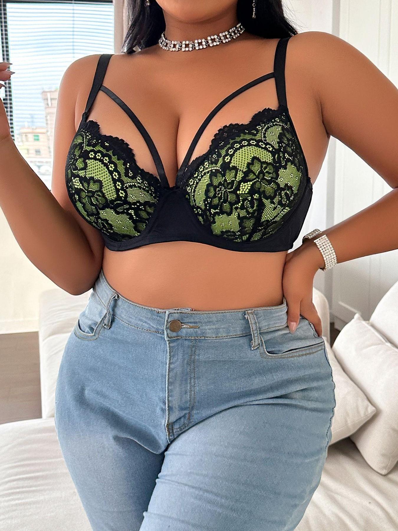 Best-Selling Plus-Size Women's Bra — Single Item: Green Contrast Lace Underwire Lingerie with Crossover Straps; Floral Lace Push-Up Bra Offering Lift and Support — Suitable for Daily Wear or Parties