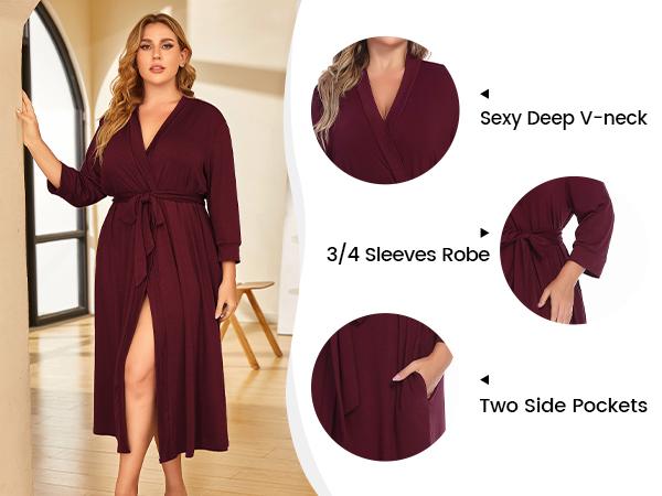 Womens Plus Size Kimono Robes Long Knit Bathrobe V Neck Ladies Loungewear Lightweight Soft Sleepwear 1X-5X Comfort Womenswear Adjustable Anniversary Underwear Elegant  Fit Gowns Pockets Strap#US 2025 Deals for You Days