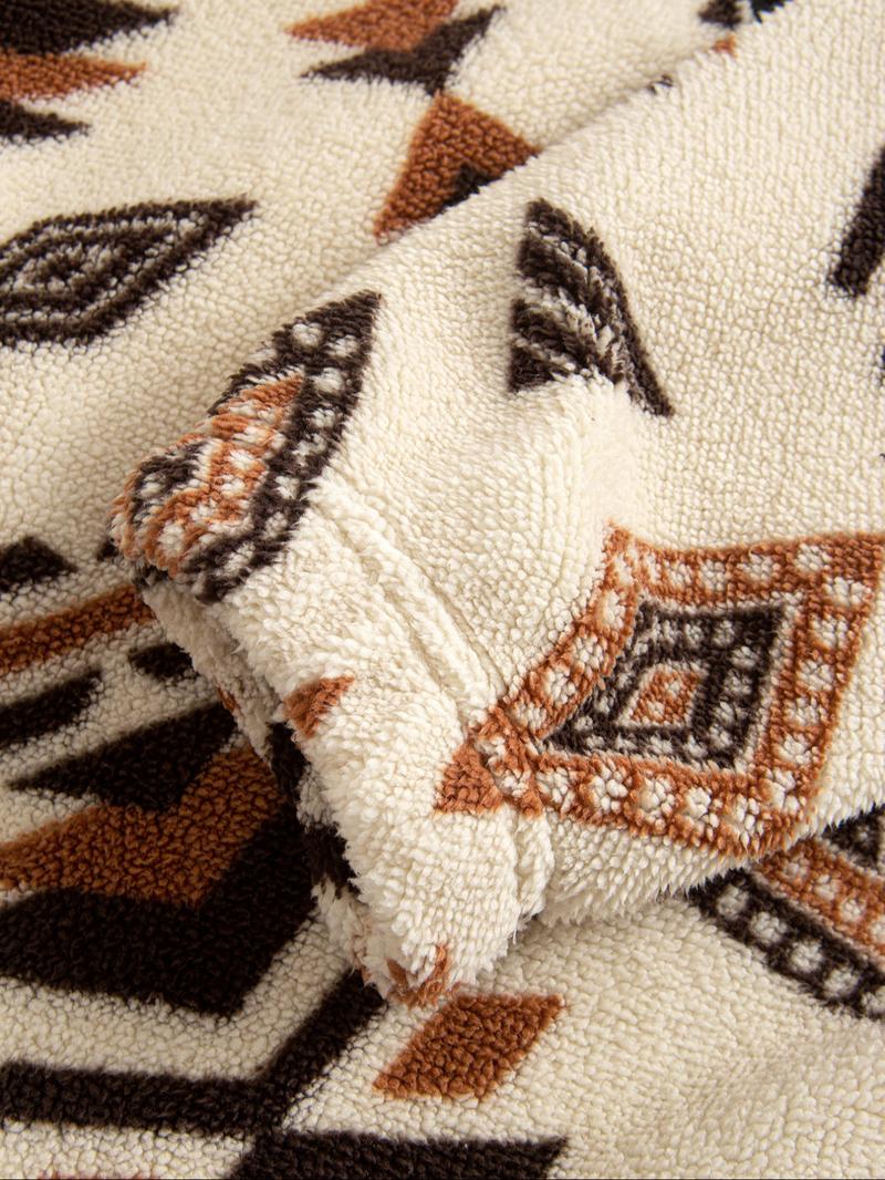 Men's Flannel Ethnic Print Hoodie, High Neck Half-Zip Pullover with Pocket, Warm Autumn Winter Casual Sportswear