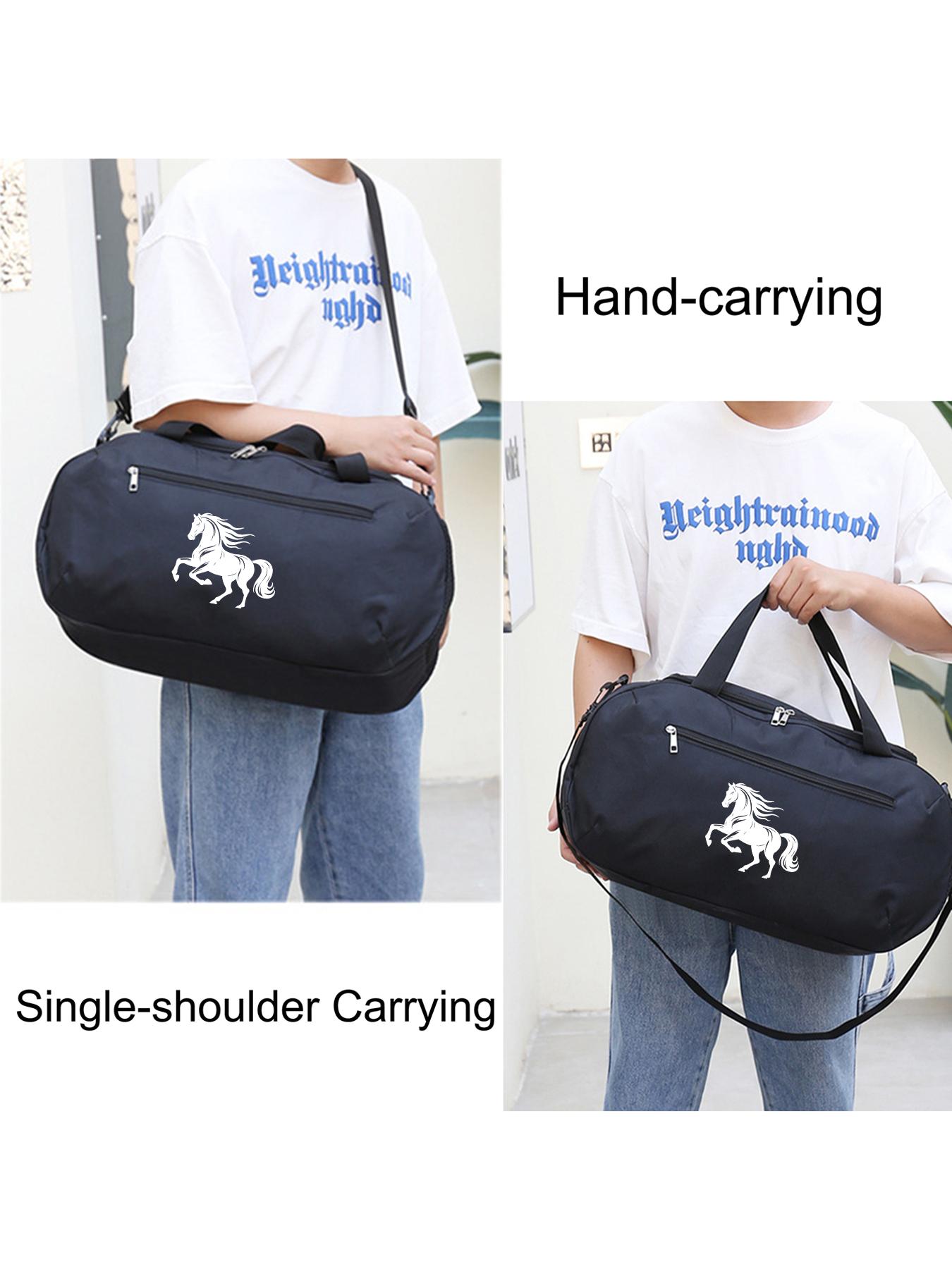 Steed Print Large Capacity Sports Gym Bag, Dry-wet Separation Storage Luggage Bag, Hand & Crossbody Travel Bag with Side Mesh Pocket. Unisex bag for training and short business trips, perfect gift for men.