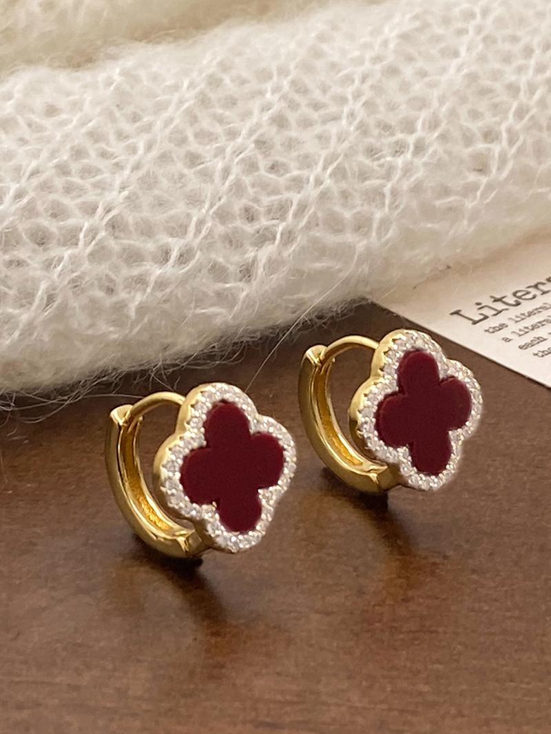 Elegant French Vintage Copper Earrings Set, Zirconia Embellished Clover Design, Fashionable Women's Jewelry, Versatile Flower Pattern, Hoop Earrings