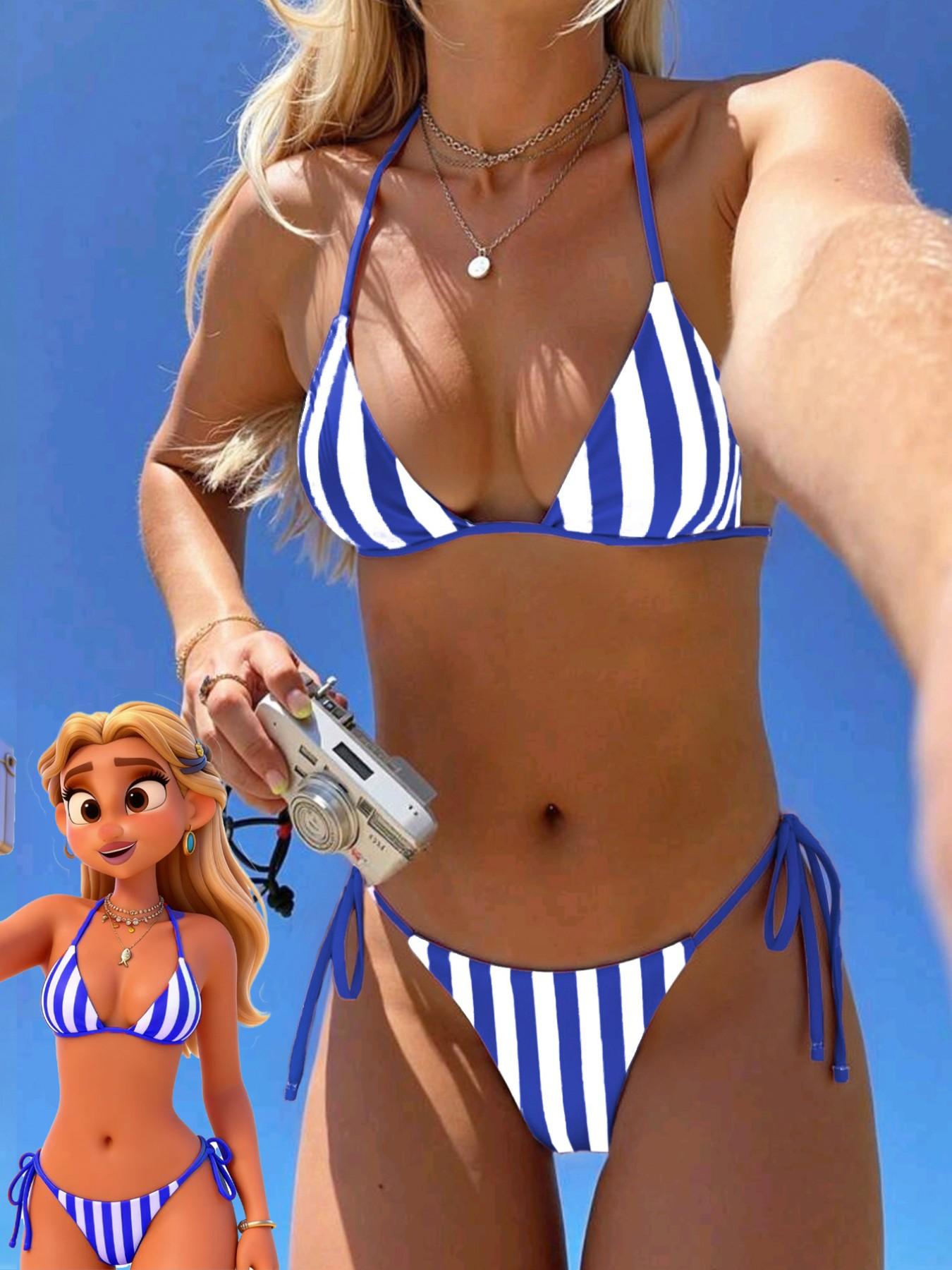 Women's Sexy Fashion Two-Piece Swimsuit, Summer Beach Bikini Set, Random Print, Casual Style, Polka Dot Pattern, All Seasons, Stripe Bikini