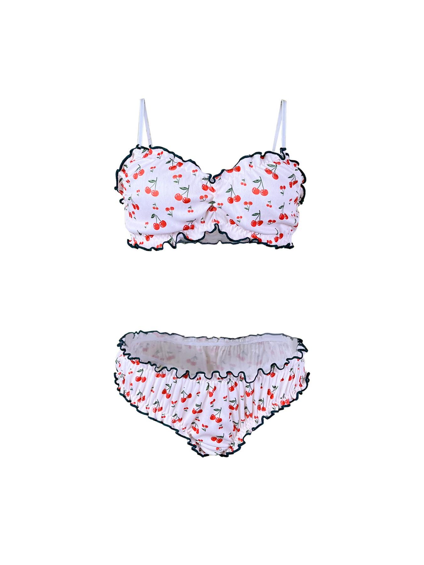 Women's Sweet Cherry Print Halter Top Bikini, Fresh Ruffle Edge, Summer Vacation Sexy Two-Piece Swimsuit, Trendy Beachwear