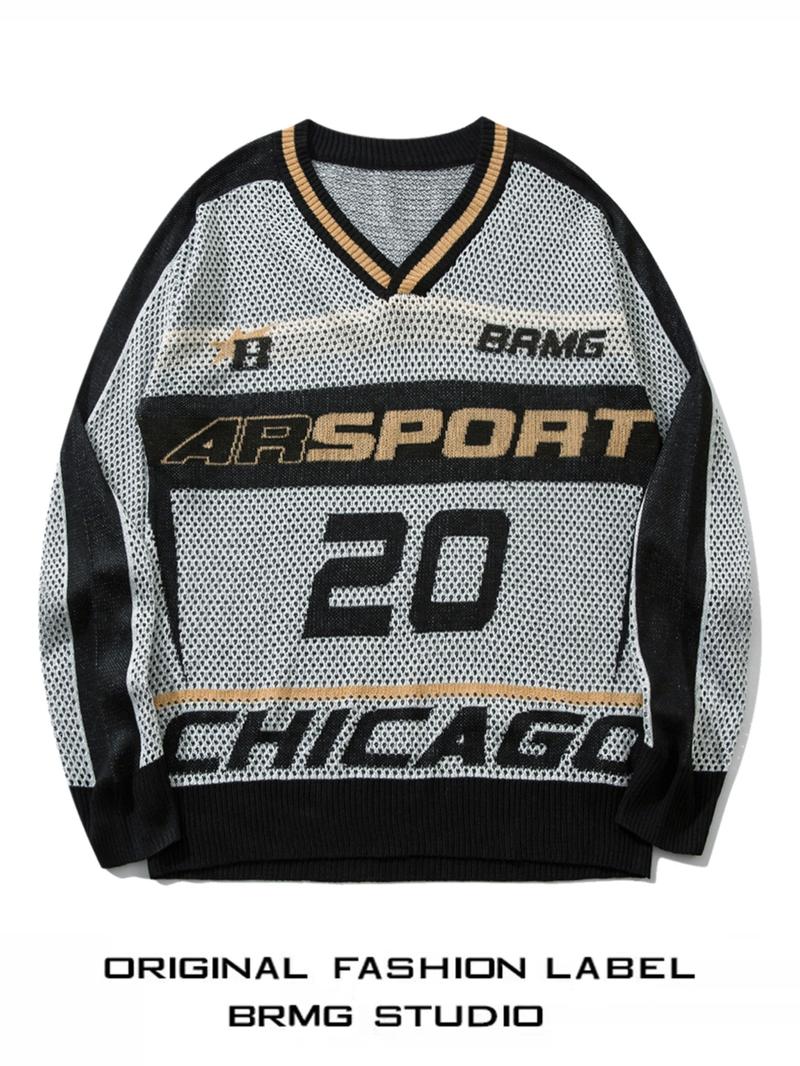 Men's Colorblock Letter & Figure Pattern Drop Shoulder Sweater Pullover, Casual Loose Long Sleeve V Neck Jumper for Spring & Fall, Fashion Men's Knitwear for Daily Wear