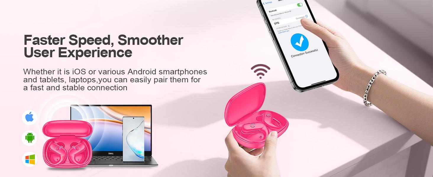 Pink Wireless Bluetooth 5.3 Earbuds with Earhooks - Hifi Audio, Deep Bass, 60 Hours Playtime, Multi-Device Compatibility, Water Resistant, Redesigned Comfort Fit for Running, Workout