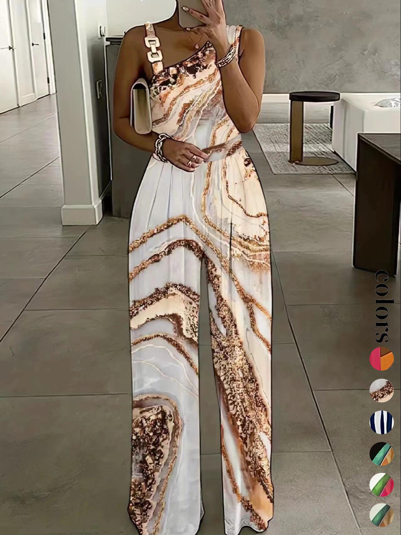Women's Floral Print Ring Linked Asymmetrical Neck Sleeveless Fitted Plicated Jumpsuit, Boho Casual High Waist Wide Leg Jumpsuit for Summer
