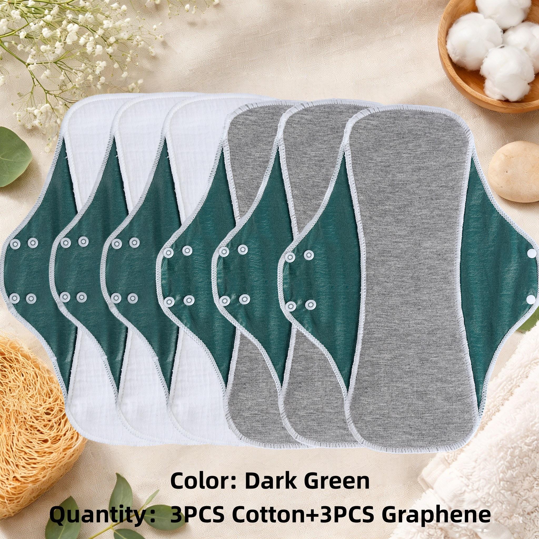 Reusable Washable Sanitary Pads, Graphene Cotton, Heavy Flow, Breathable Liner, High Absorbency, Night Use, 6 Pack Value Bundle,  Leak-Proof, Heavy Flow Overnight Menstrual Cloth Pads, Washable & Reusable，  (5 Colors: Skin/Green/Pink/Coral/Yellow)
