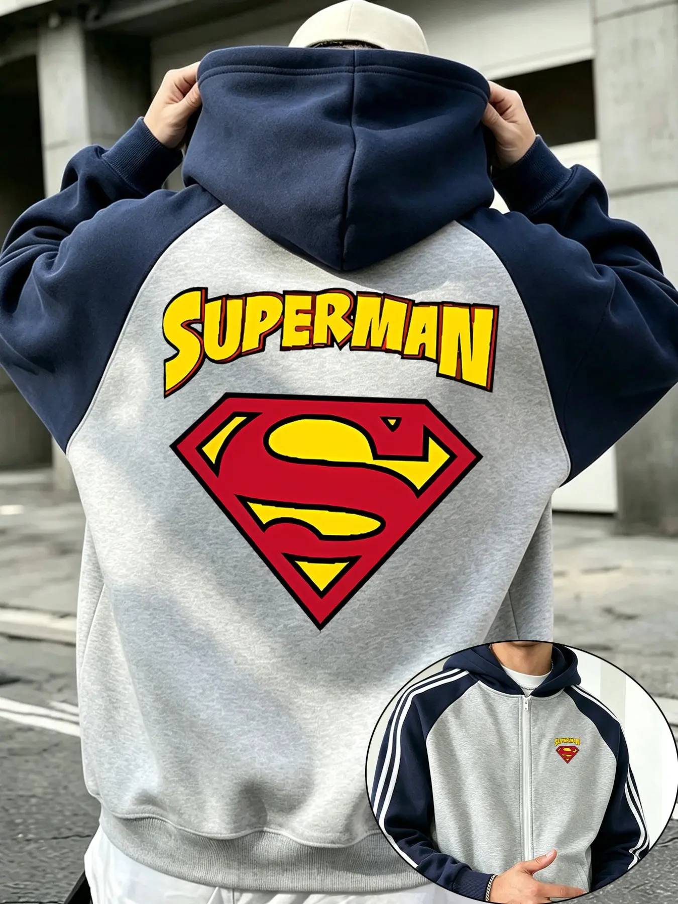 Wb Warner Bros. Superman Classic Logo Zip Up Hoodie, Men's Raglan Color Block Hooded Jacket, Dc Superhero Graphic Casual Sweatshirt, Loose