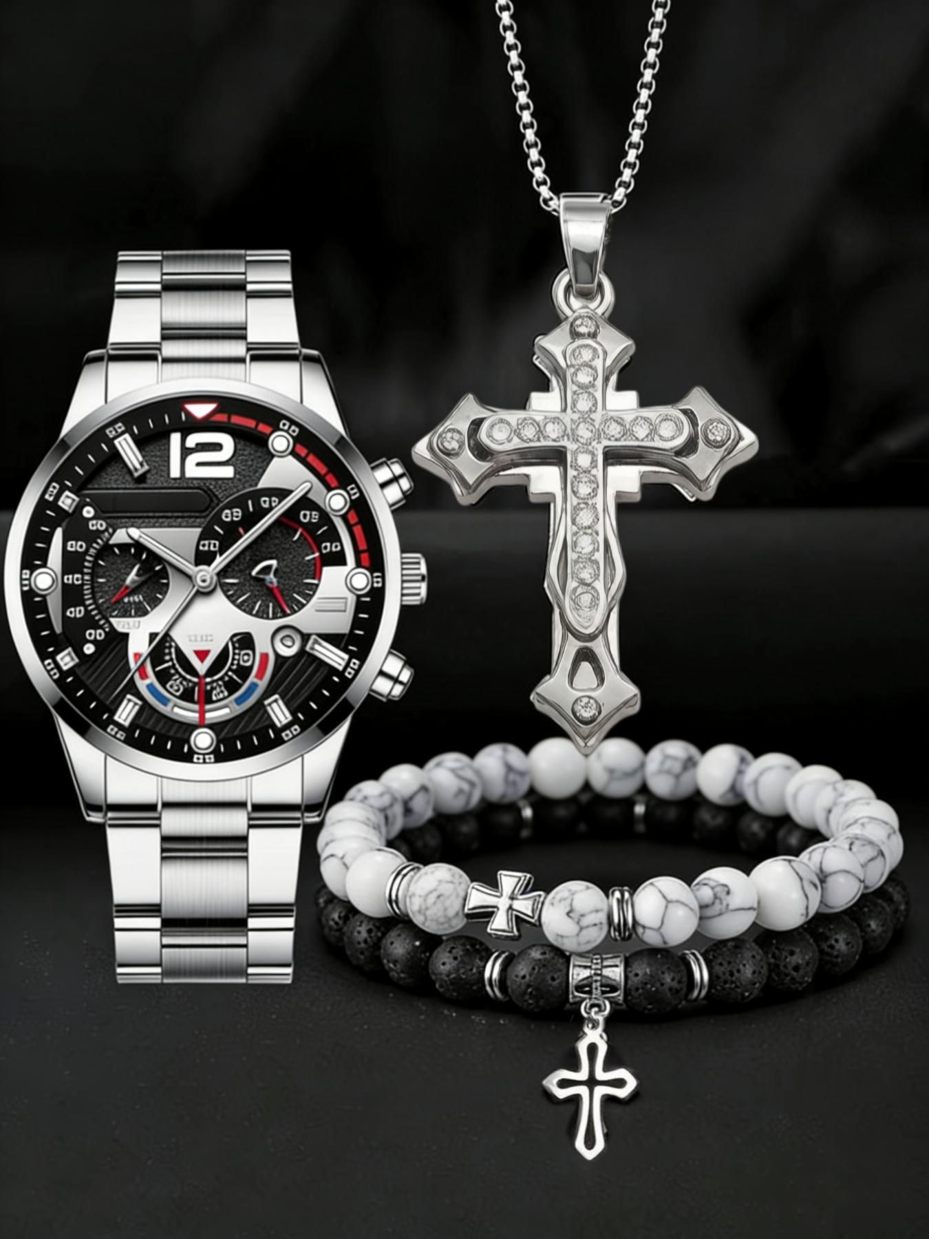 Men's Watch & Bracelet & Pendant Necklace Set,Stone & Cross Charm Decor Beaded Set, Stackable Bracelets, Fashionable Jewelry for Women & Men, Trendy All-match & Exquisite Jewelry for Birthday Gift
