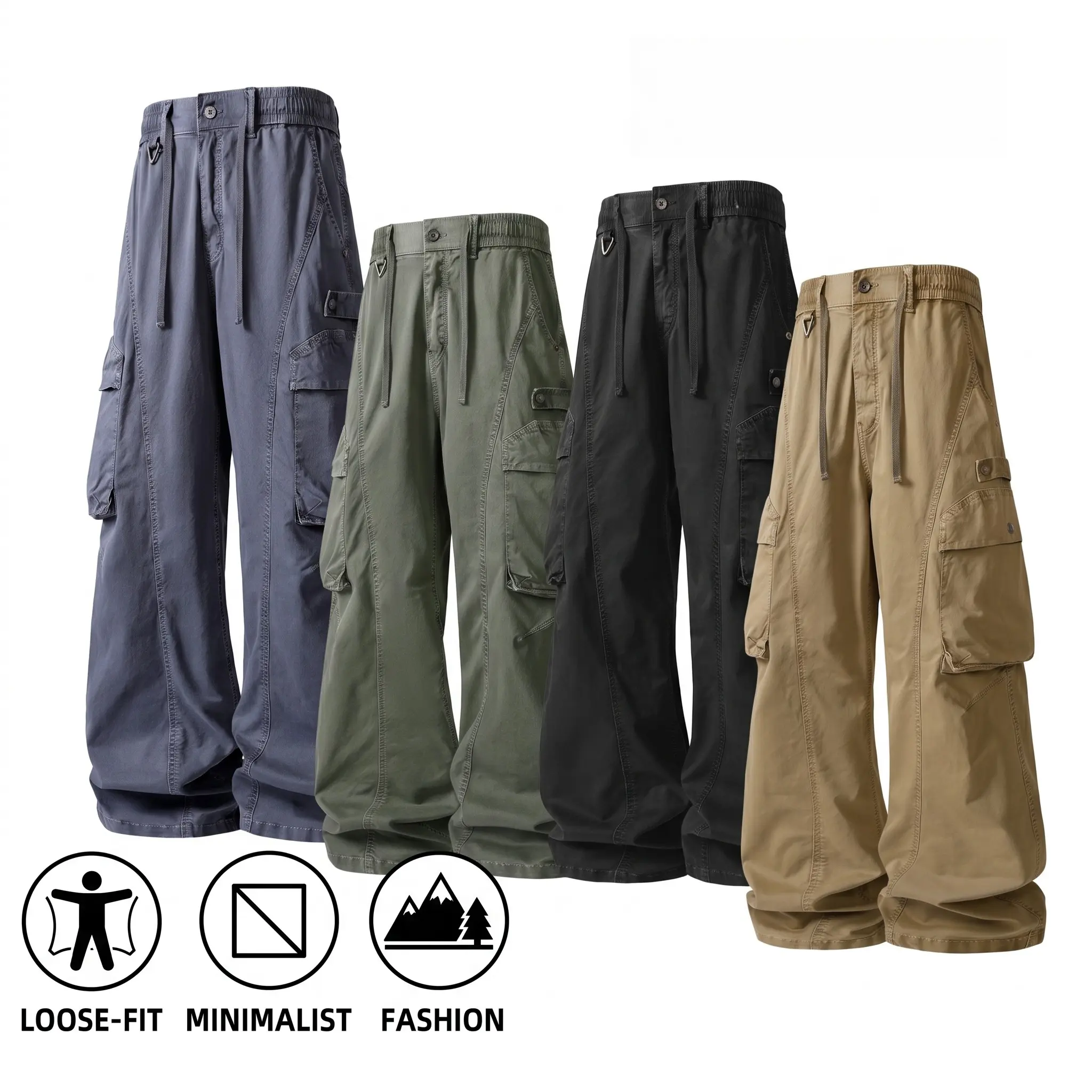 Men's American Retro Wide-Leg Cargo Pants - Vintage Wear, All-Season, Loose-Fit, Washed Worn Look, Relaxed Street Casual Long Trousers, Roomy Comfortable, Suitable for Campus, Shopping