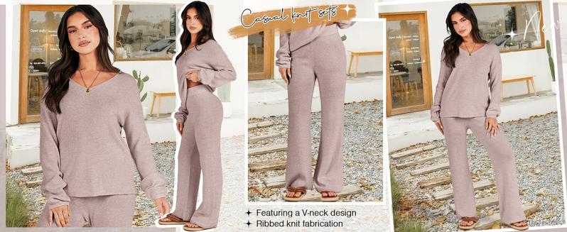 ANRABESS Women 2 Piece Outfits Sweater Lounge Sets Long Sleeve Cable Knit Pullover and Wide Leg Pants Tracksuit Matching Set