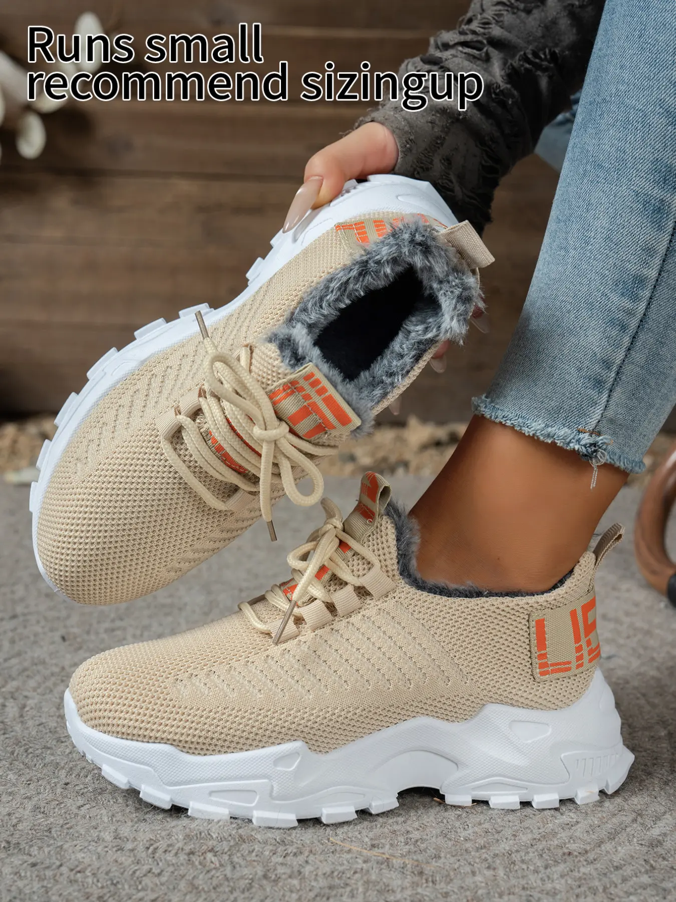 Women Chunky Sole Winter Sneakers, Fly Knit Upper Lace Up Trainers With Plush Inner Lining & Letter Label Decoration, Multicolor Fashion Platform Walking Shoes, Winter Footwear For Daily Commute, City Strolls, Weekend Outings And Cold Weather Casual Outfi