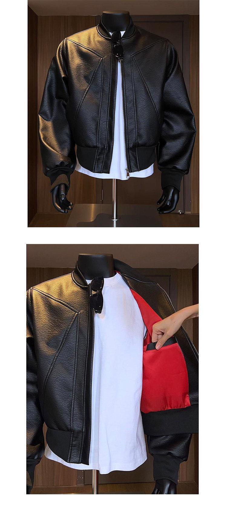 Men's Windproof Leather Jacket with Zipper Closure Solid Color Sport Style Pilot Motorcycle Model Multi-functional Outerwear Collared Neck Long Sleeve Fitted Casual Coats
