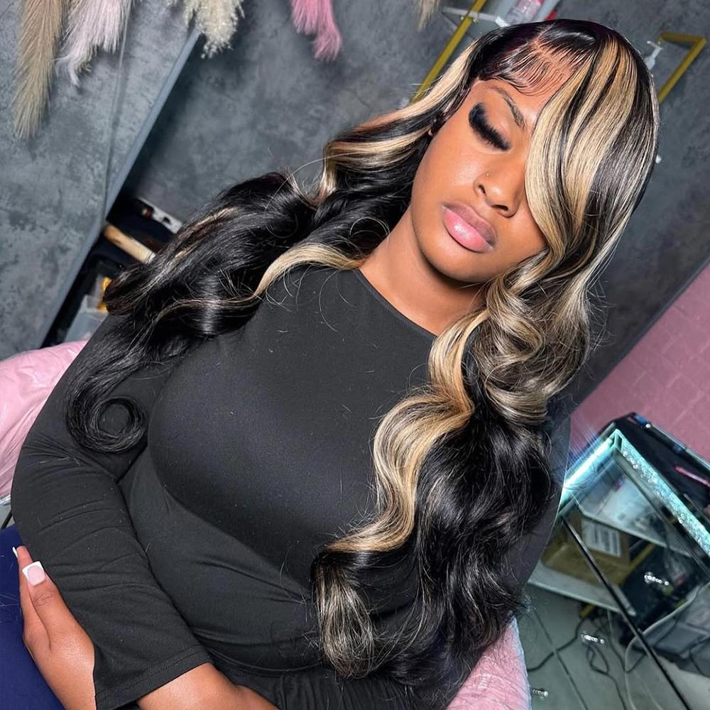 13x6 P1B/27 Highlight Blonde Body Wave Lace Front Wigs Black Blonde Highlight Human Hair Honey Blonde Colored 13x4 Lace Frontal Glueless Wigs Human Hair Pre Plucked with Baby Hair