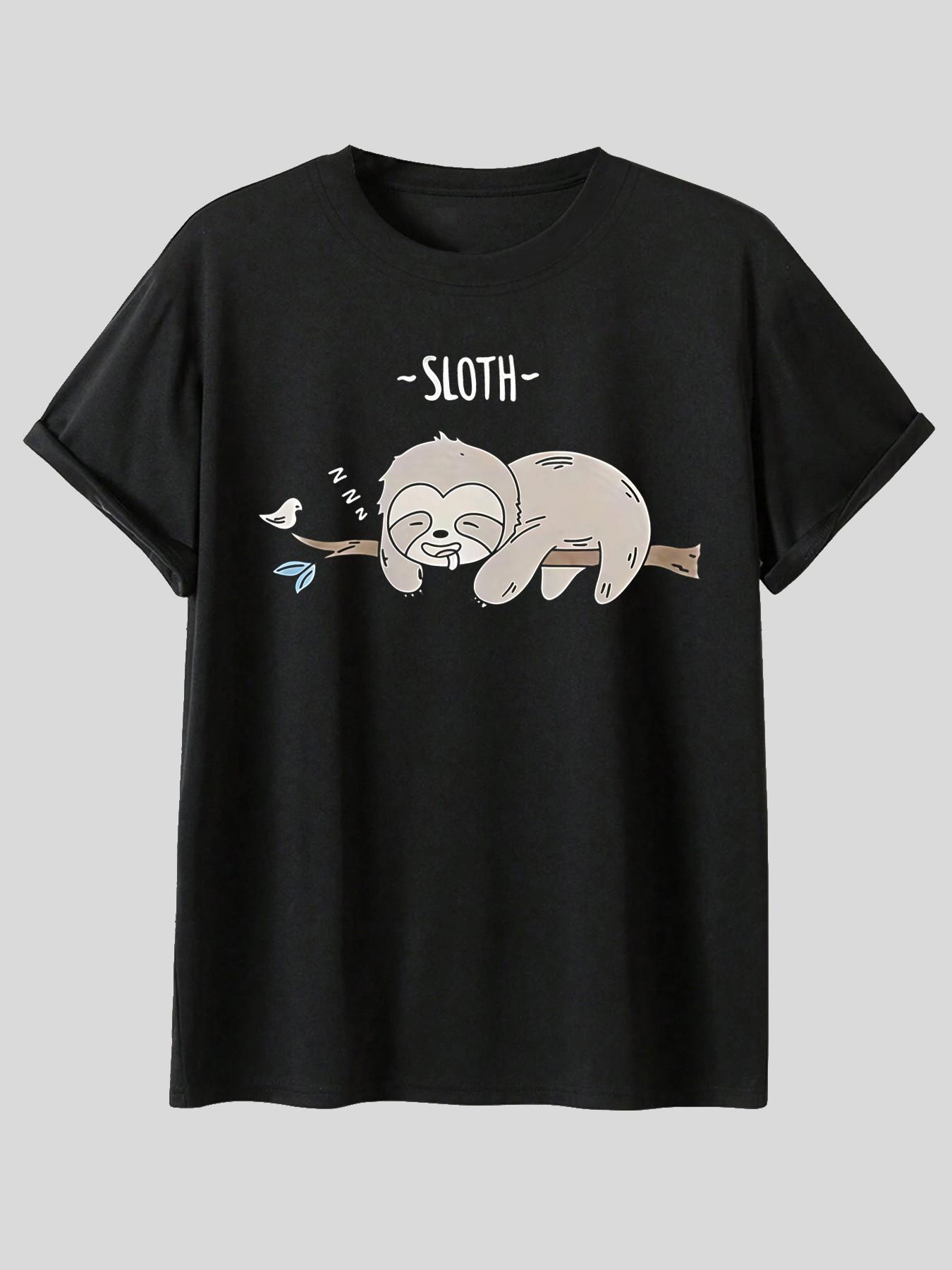 Adorable Sloth Sleep Print T-Shirt, Soft Casual Long Tee, Cute Lazy Animal Design, Comfortable Home Wear, Trendy Street Style, Daily