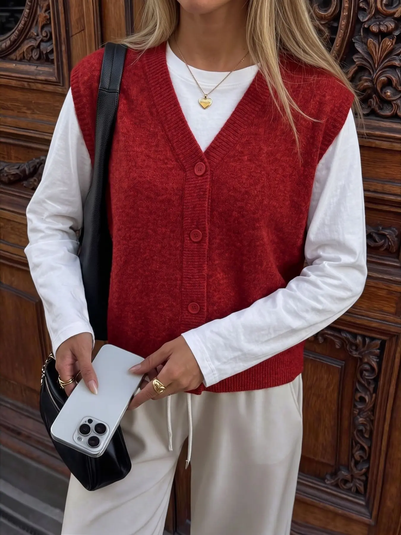 Vintage Colorblock V-Neck Button-Front Short Knit Vest, Sleeveless Slim Fit Sweater Vest, Versatile Layering Piece for Fall & Winter