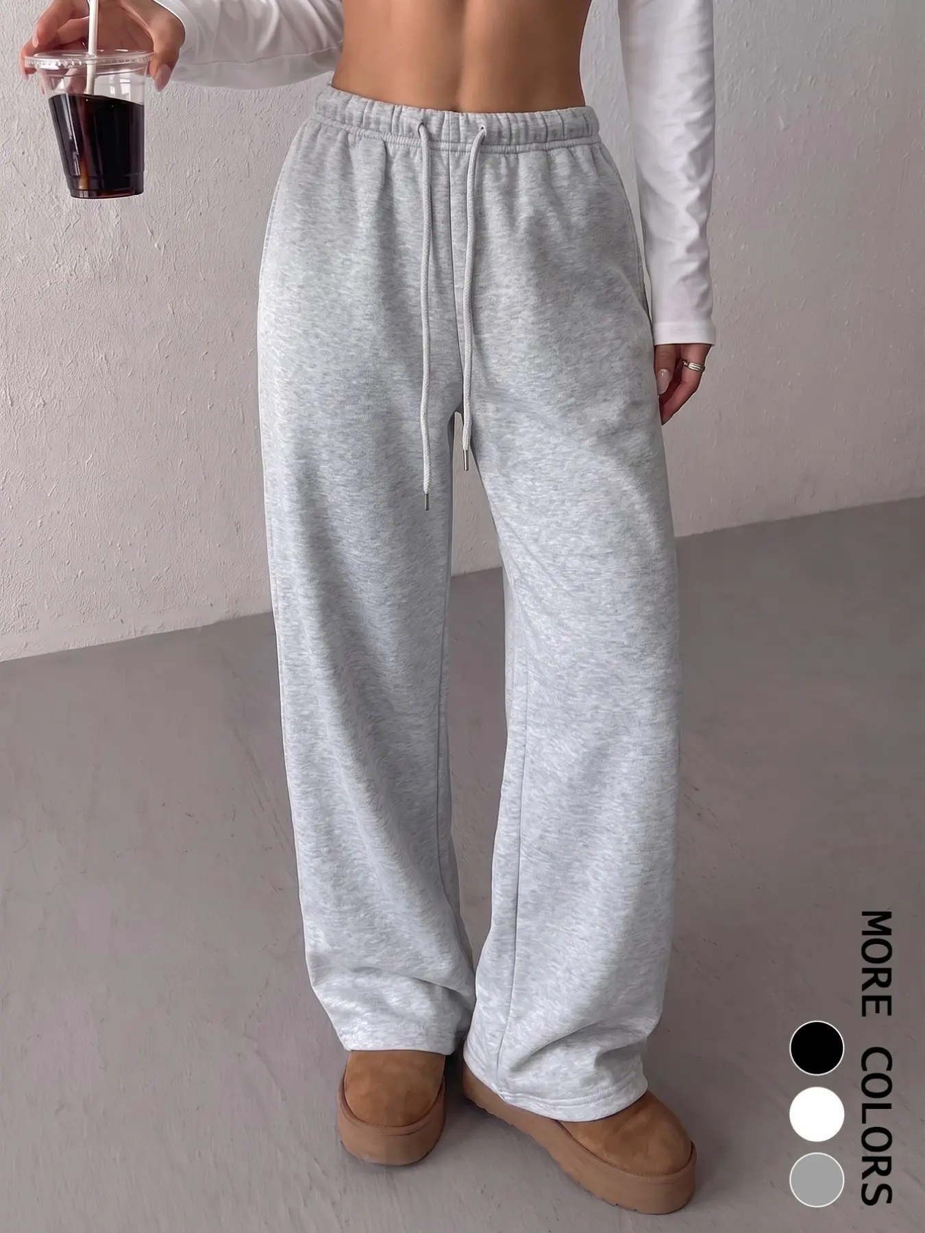 Heather Grey Drawstring Elastic High Waist Wide Leg Sweatpants, Soft Casual Loose Straight Lounge Trousers, Minimalist Daily Street Basic Workout Pants