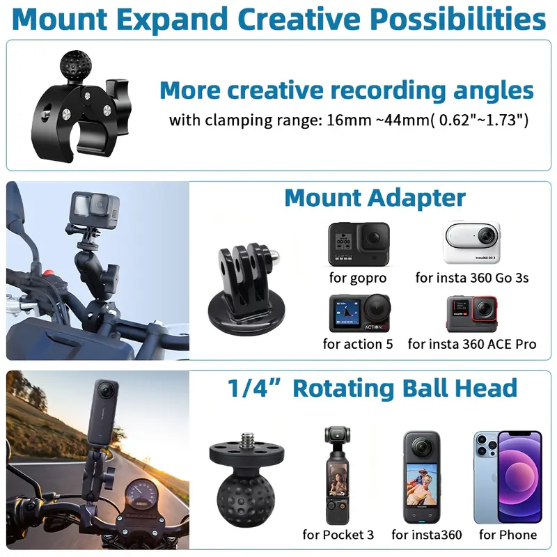 2026 New Motorcycle Mount Kit Holder, Suitable for Insta360 One X5 X4 X3 X2 RS DJI OSMO Gopro, Robust Motorcycle Clamp Mount, Extendable Panoramic Stick, Non-Slip CNC Base, Ideal for Cycling Videos, Umbrella Clamp