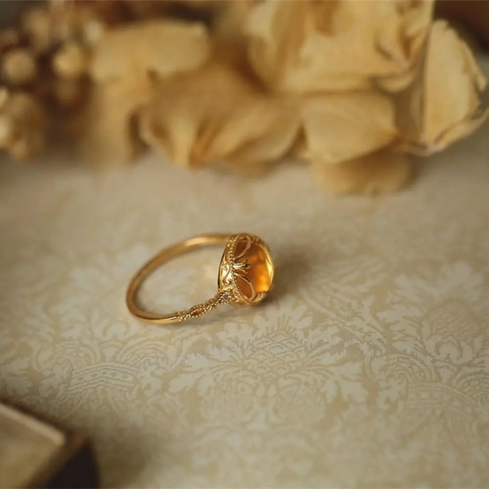Luxury Lace-Textured Oval Citrine Open Ring - 2.3g, Adjustable Free Size, Minimalist Wealth-Themed, Fade-Resistant Daily Wear Fashion Jewelry for Birthday Gifting (Sports & Outdoor Protective Gear Accessory)