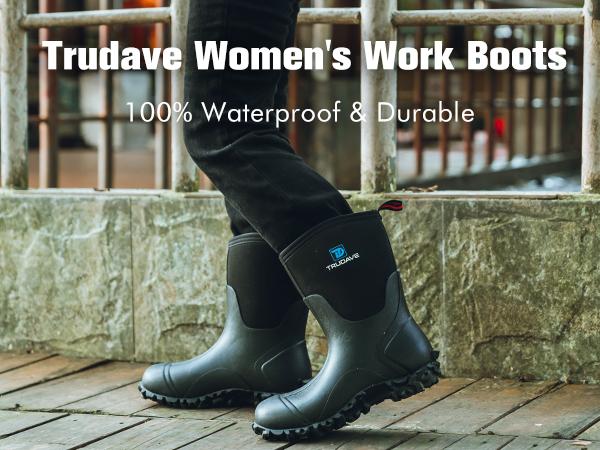 Trudave Rubber Boots for Women, Mid Calf Rain Boots with Steel Shank, Waterproof 6mm Neoprene Insulated Mud Work Boots Black Footwear