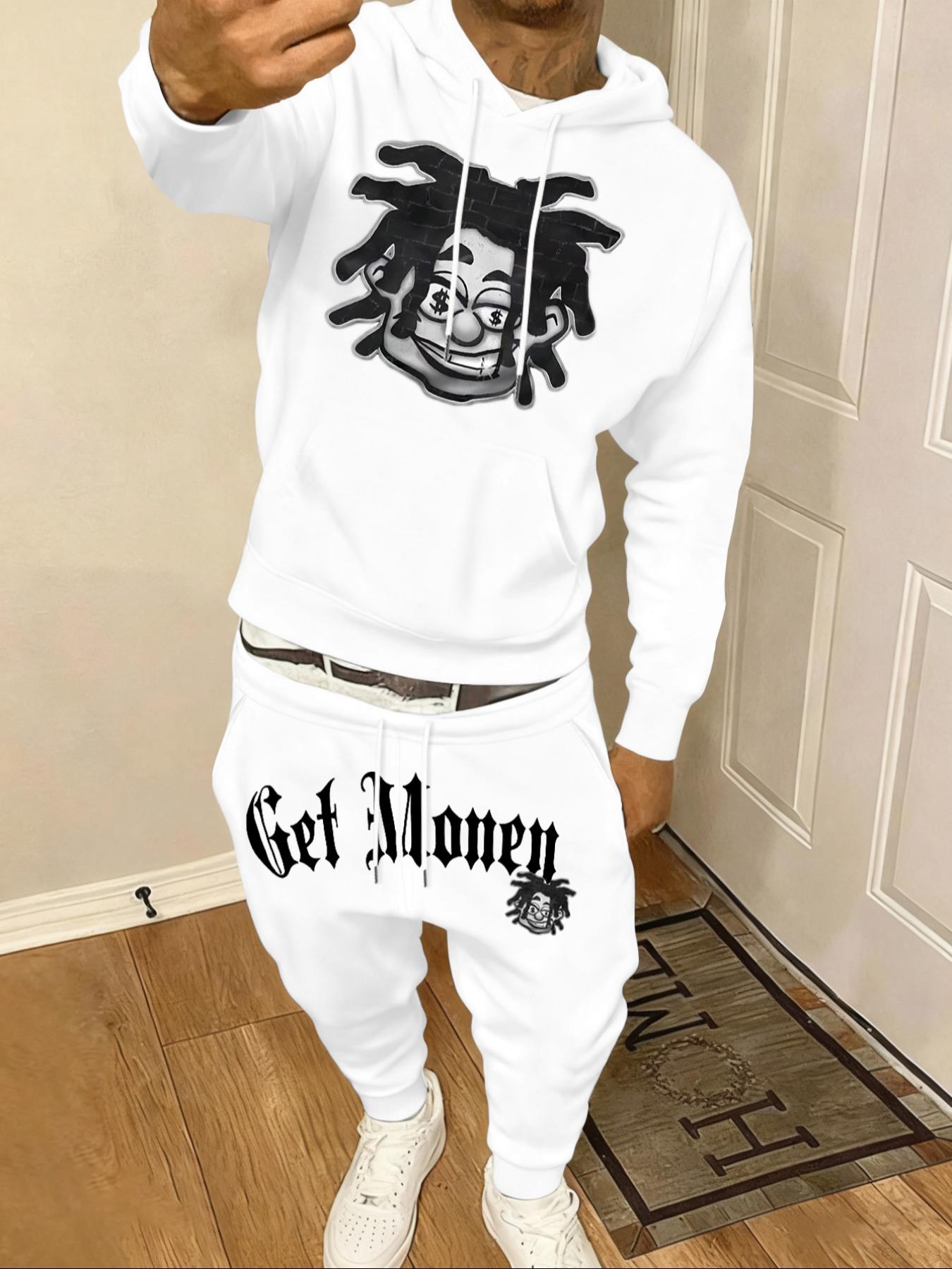 YYT1 Men's 2-Piece Fall Winter Casual Graphic Sweatshirt Set (Menswear Casual Wear), Hooded Long-Sleeve Letter Print Top + Drawstring Waist Pants, Thick Fitted Sports & Outdoor Outfit, Letter Prints