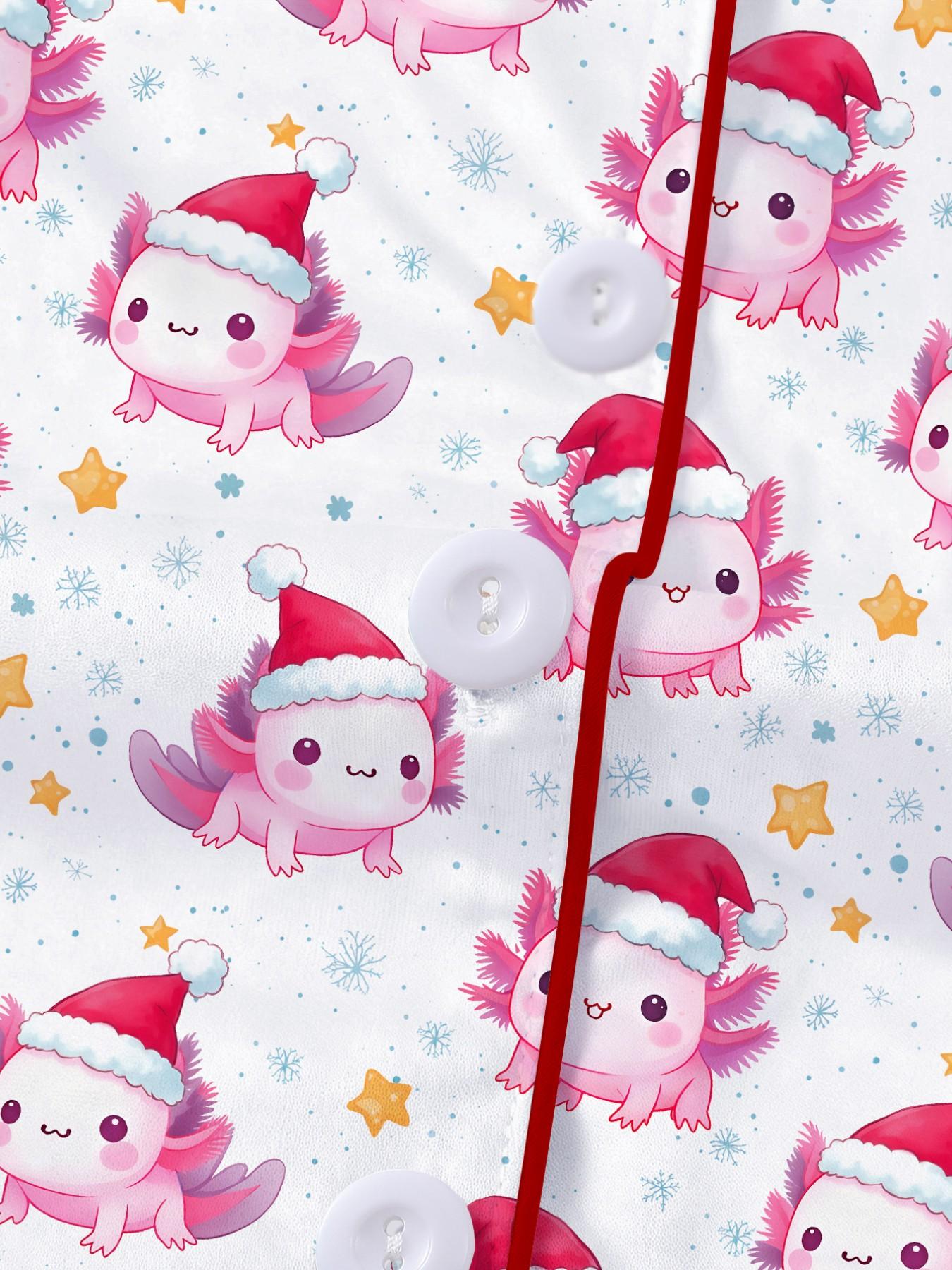 New Christmas Cartoon Print Kids Pajama Set, Short Sleeve Shirt and Loose Fit Pants, Breathable Casual for Holiday Parties