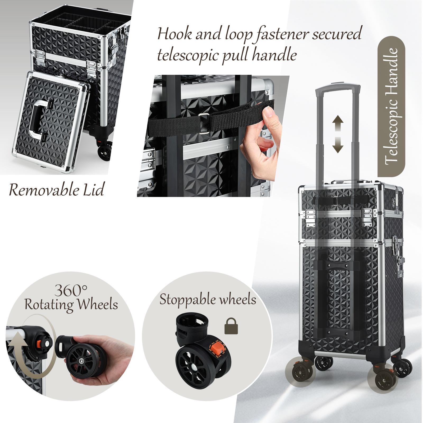 3 in 1 Rolling Makeup Train Case Large Cosmetic Trolley Salon Barber Case for Make Up Hairstylists Nail Tech Aluminum Makeup Trolley Case