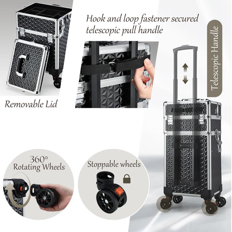 3 in 1 Rolling Makeup Train Case Large Cosmetic Trolley Salon Barber Case for Make Up Hairstylists Nail Tech Aluminum Makeup Trolley Case