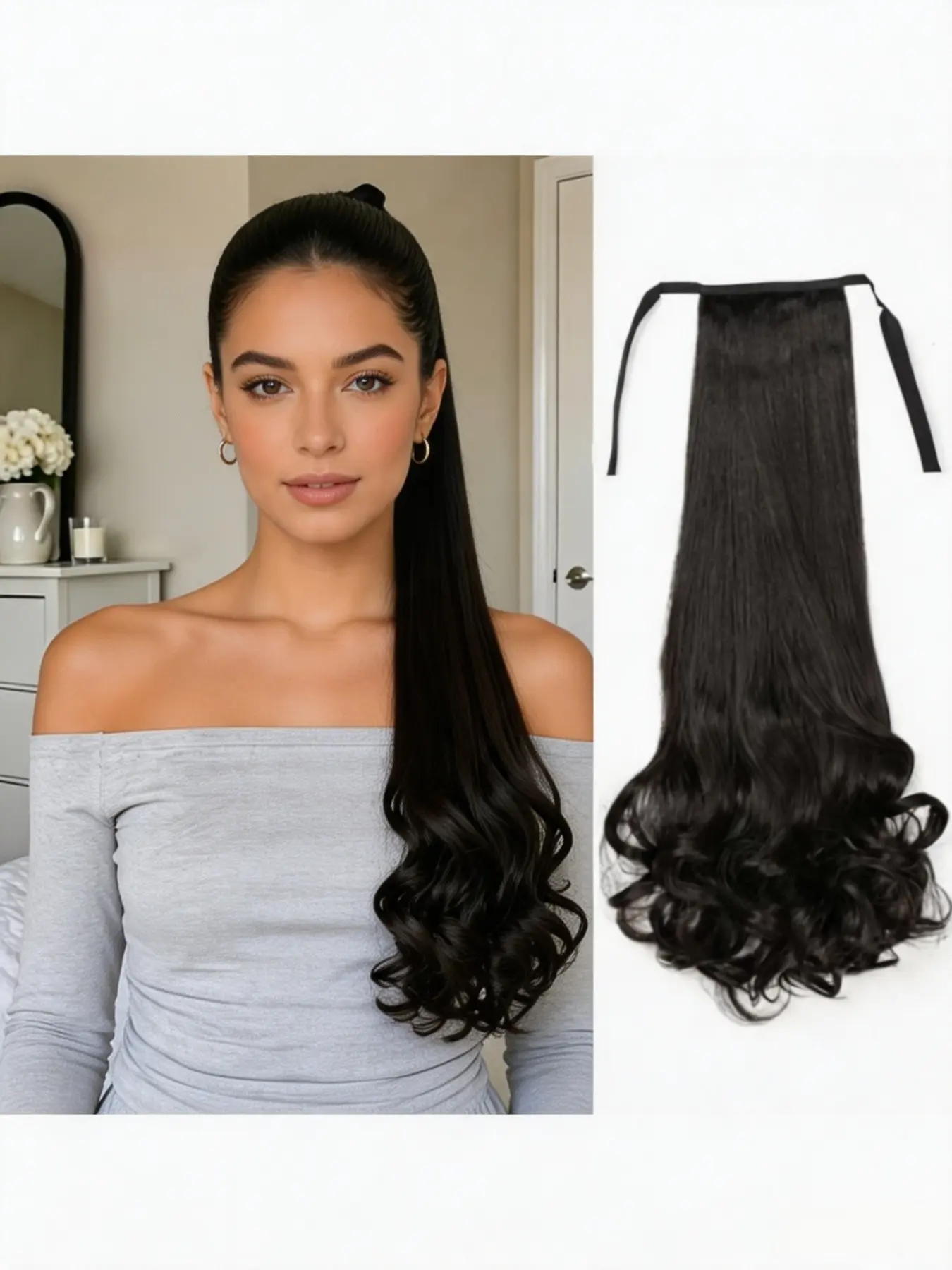 Tie‑on Long Curly Ponytail Wig, Pear Flower Big Wave Synthetic Hair Extensions For Women